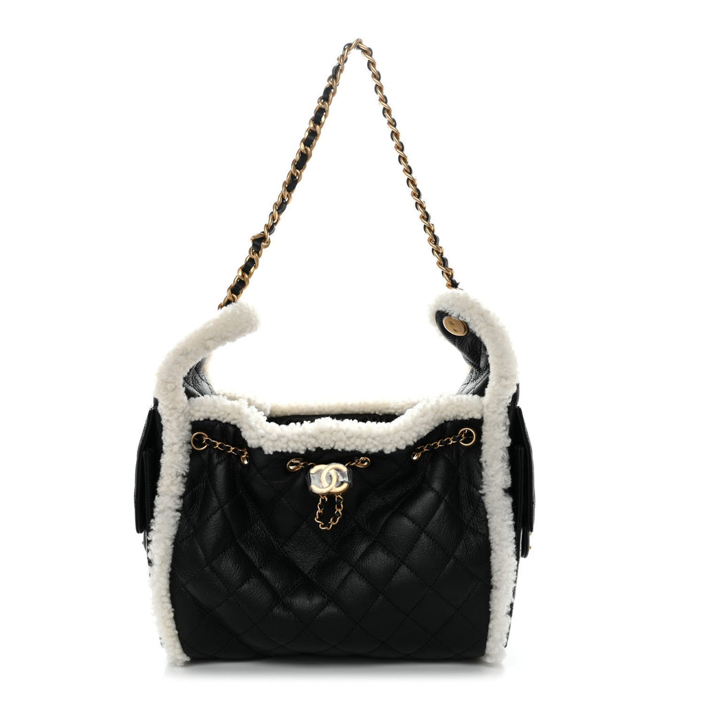 Crumpled Sheepskin Shearling Quilted Small Chanel 25 Handbag Black White