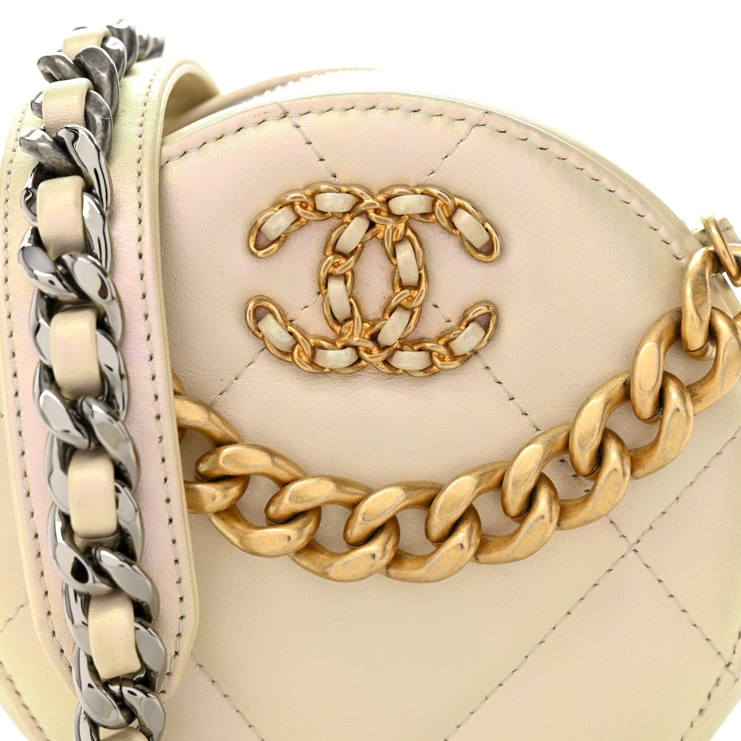 Iridescent Calfskin Quilted Chanel 19 Round Clutch With Chain White