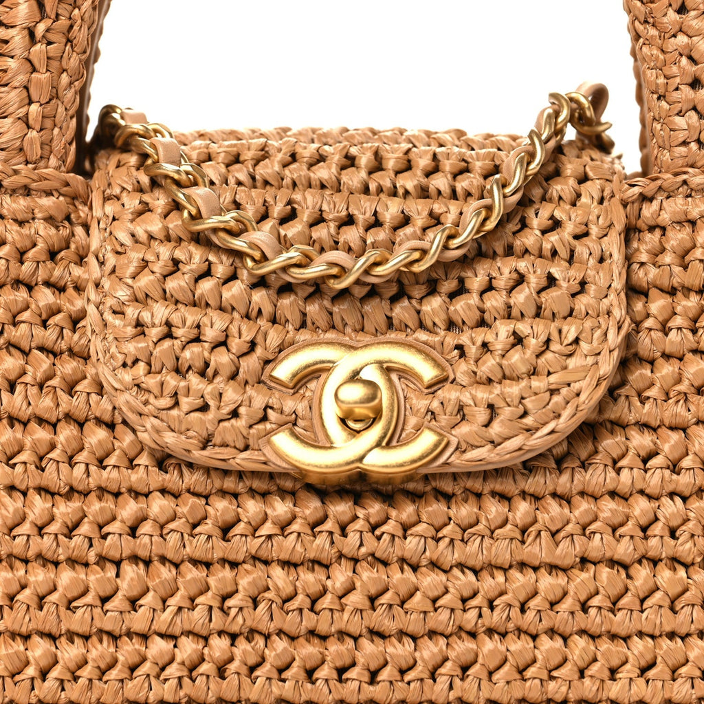 Braided Raffia Nano Kelly Flap Bag Dark Beige