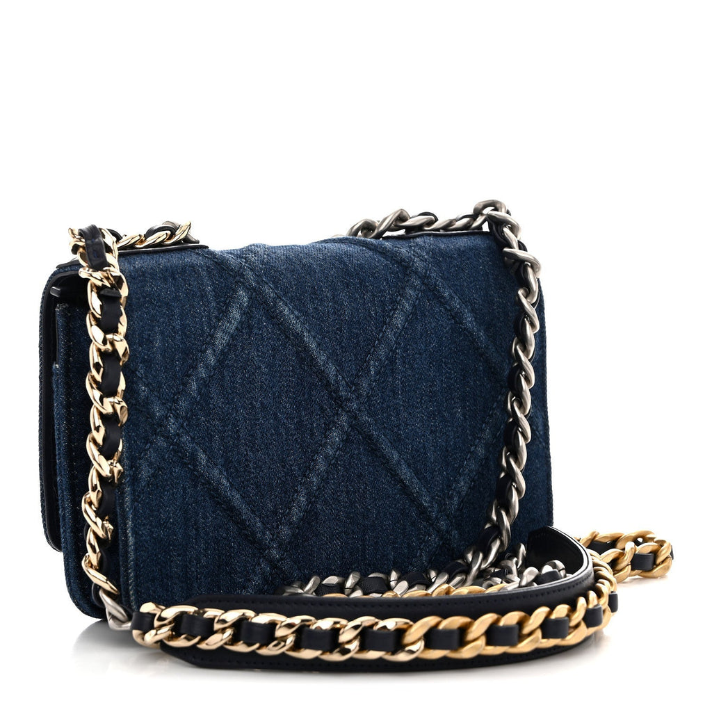 Denim Quilted Chanel 19 Wallet On Chain WOC Blue