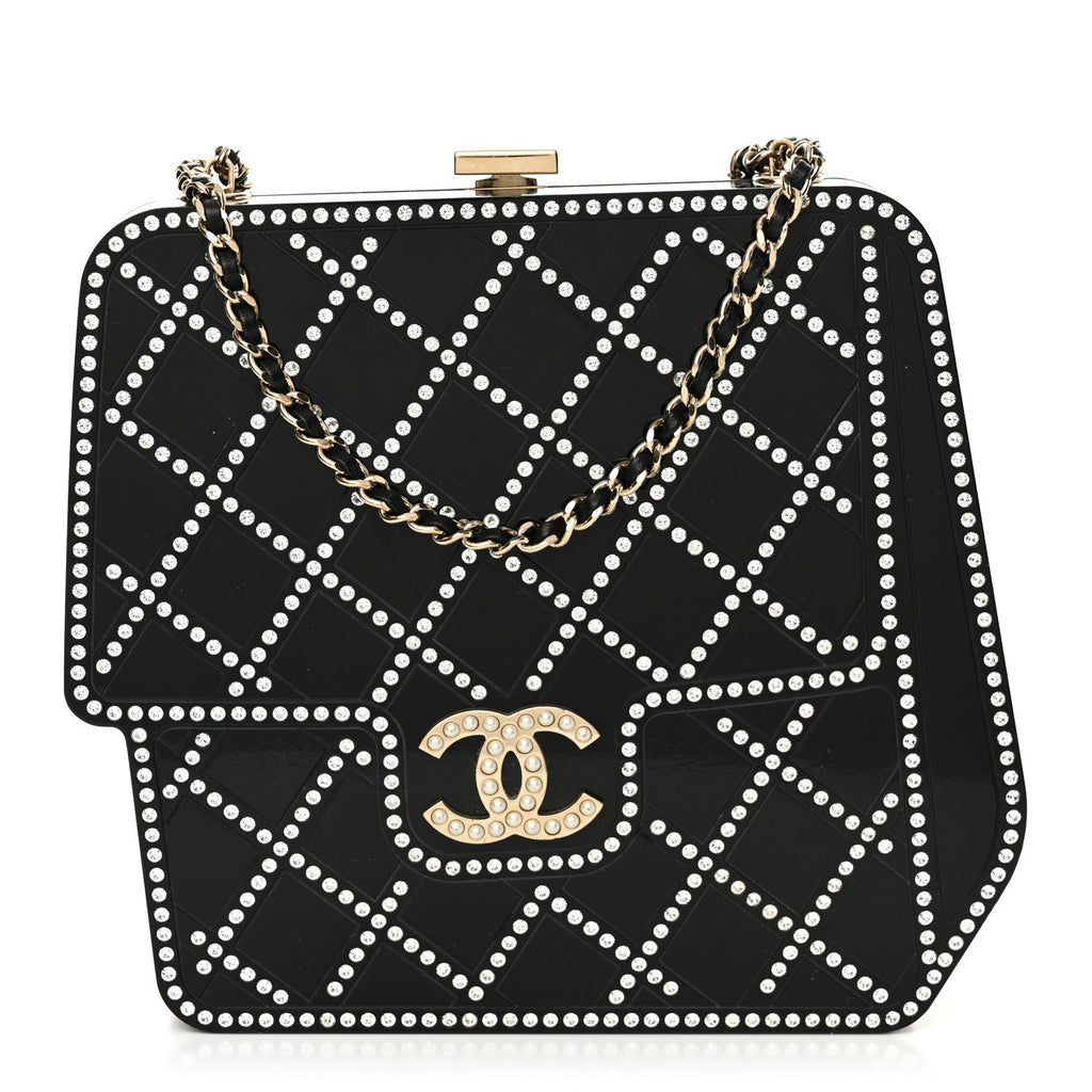 Plexiglass Crystal Quilted Minaudiere Clutch Black White