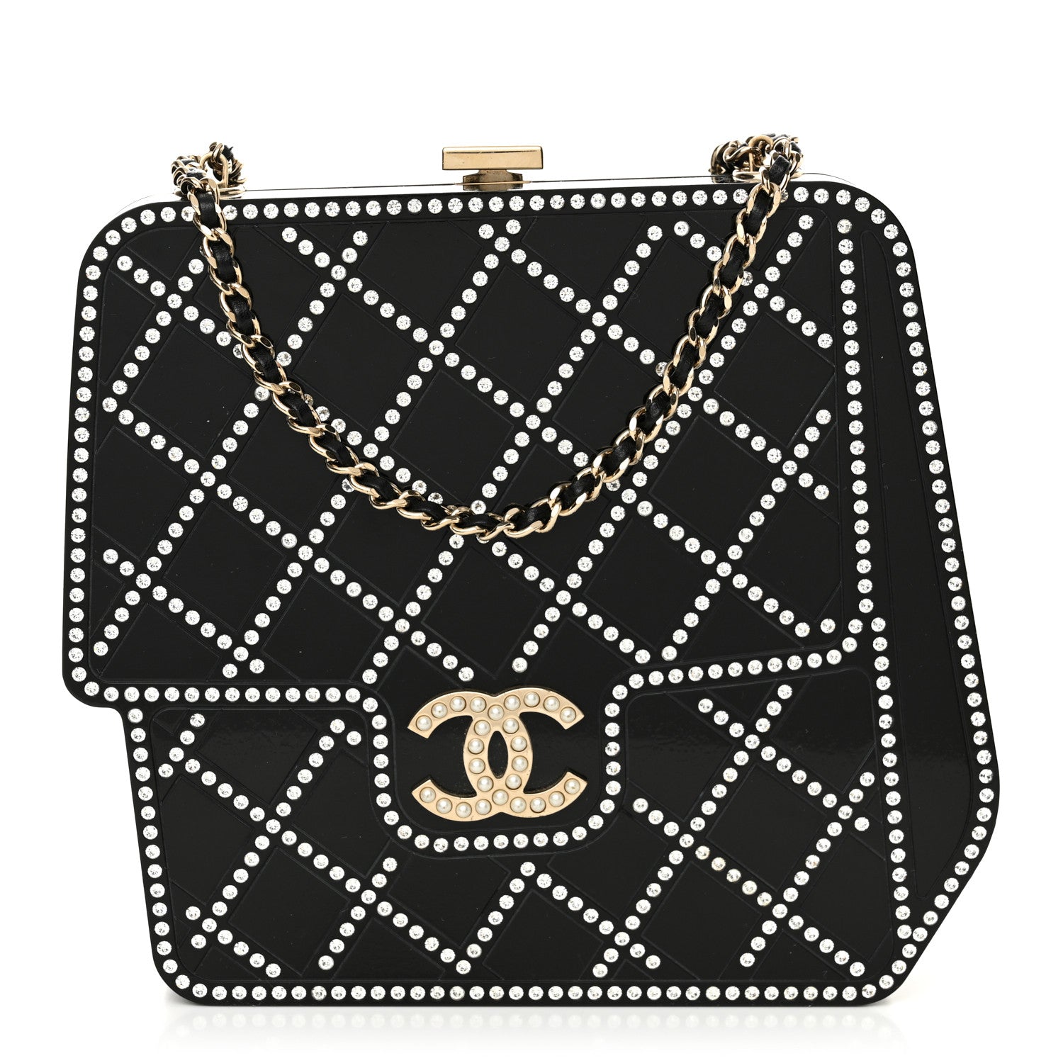Plexiglass Crystal Quilted Minaudiere Clutch Black White