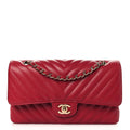 Caviar Chevron Quilted Medium Double Flap Red
