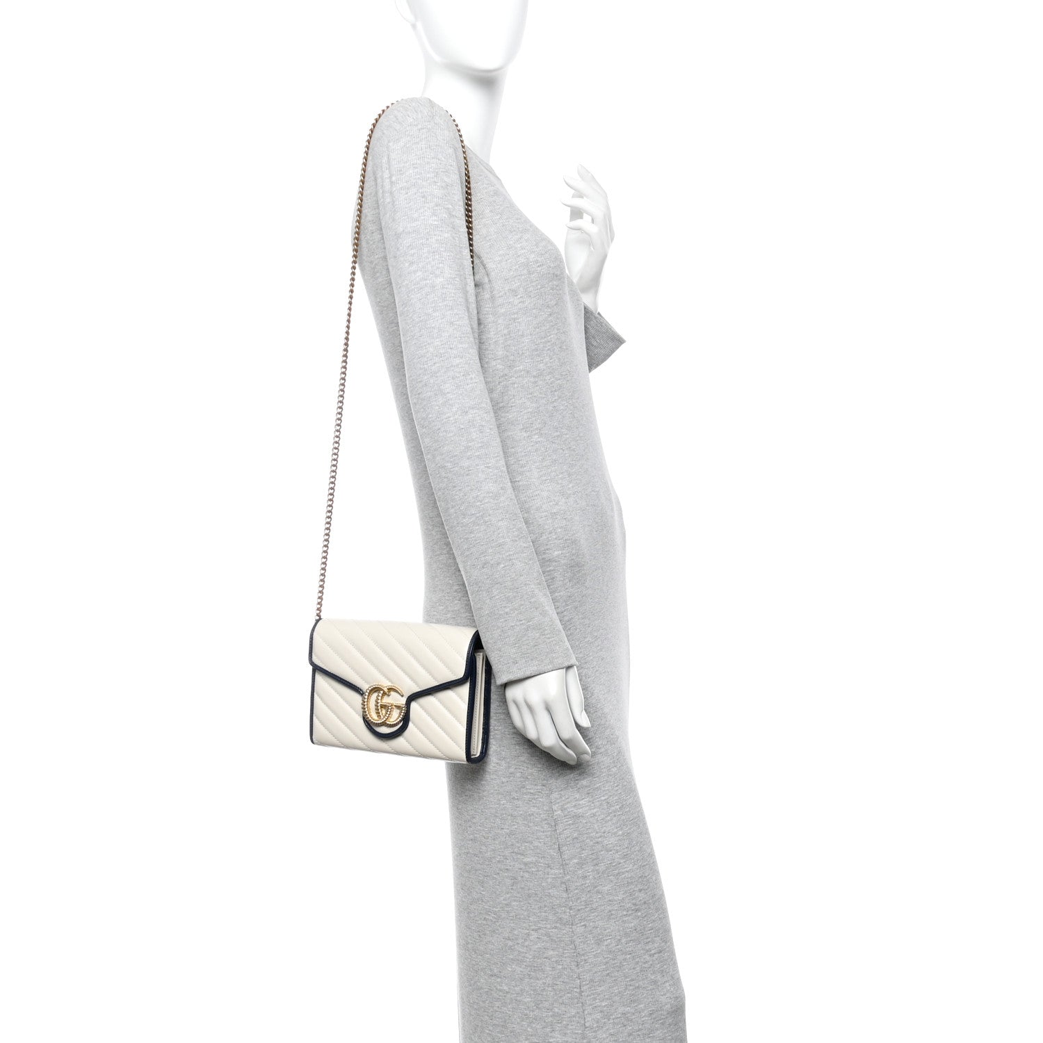 Vintage Effect Calfskin Matelasse Diagonal Torchon GG Marmont Chain Wallet Mystic White Blue Agata