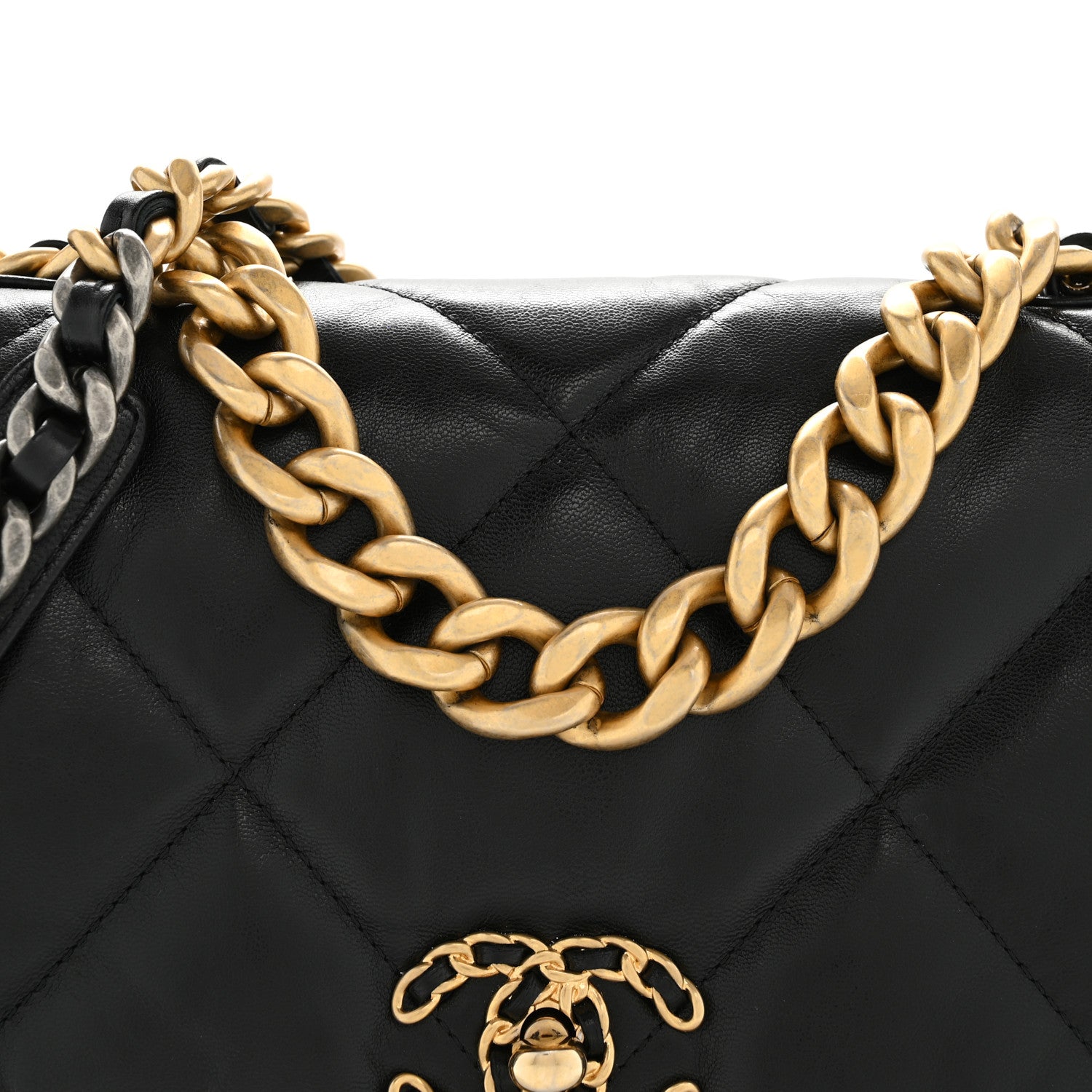 Shiny Goatskin Quilted Large Chanel 19 Flap Black