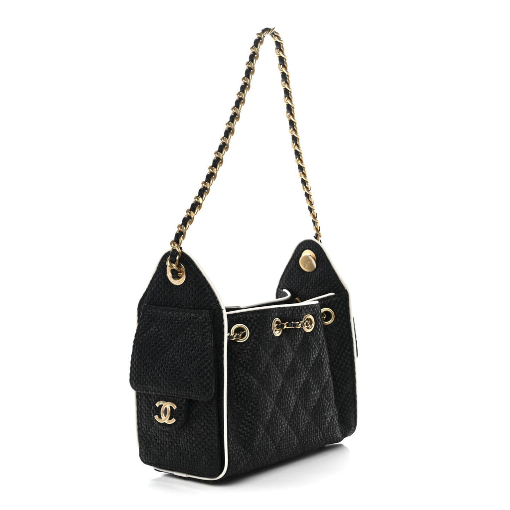 Braided Raffia Calfskin Quilted Mini Chanel 25 Handbag Black White