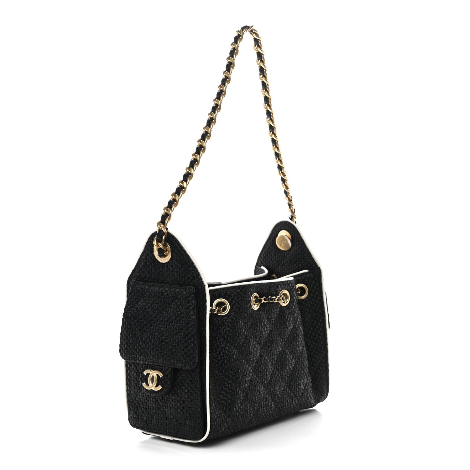 Braided Raffia Calfskin Quilted Mini Chanel 25 Handbag Black White