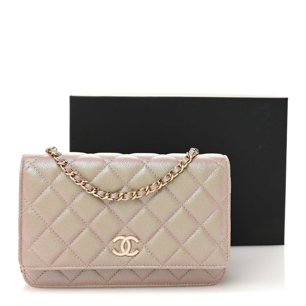 Iridescent Caviar Quilted Wallet on Chain WOC Beige