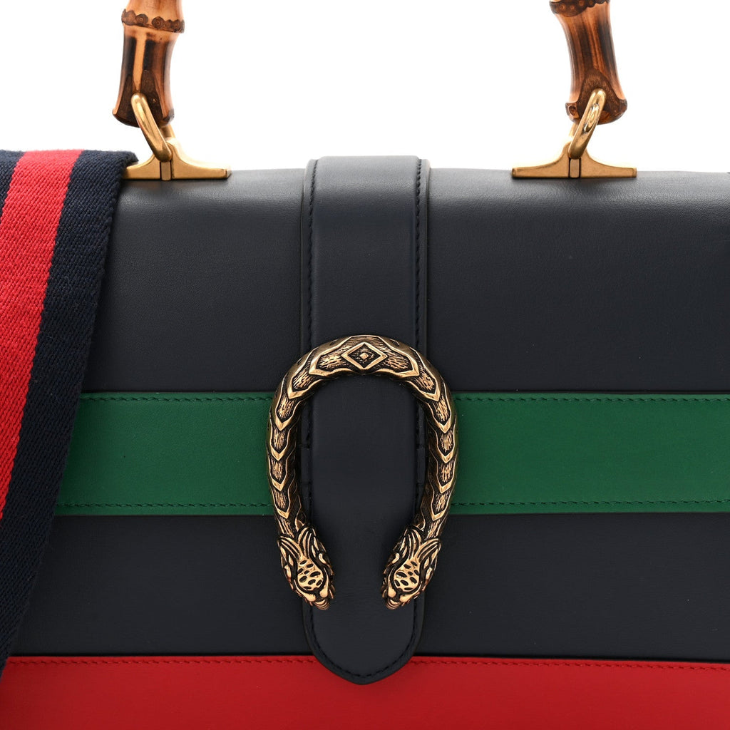 Moon Calfskin Web Medium Dionysus Bamboo Top Handle Bag Black Bright Evergreen Hibiscus Red