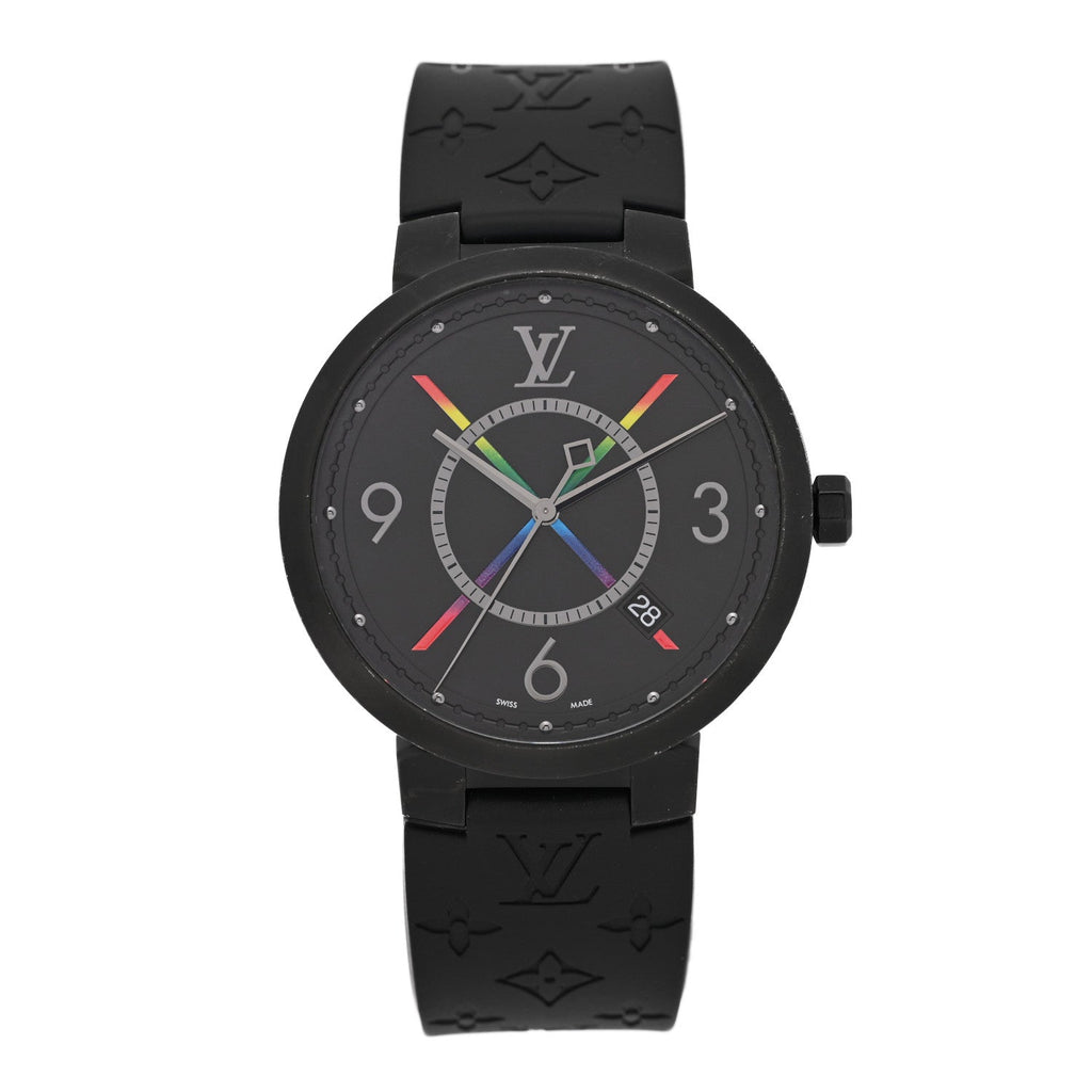 Stainless Steel Rubber 39mm Tambour Slim Rainbow Quartz Watch Black