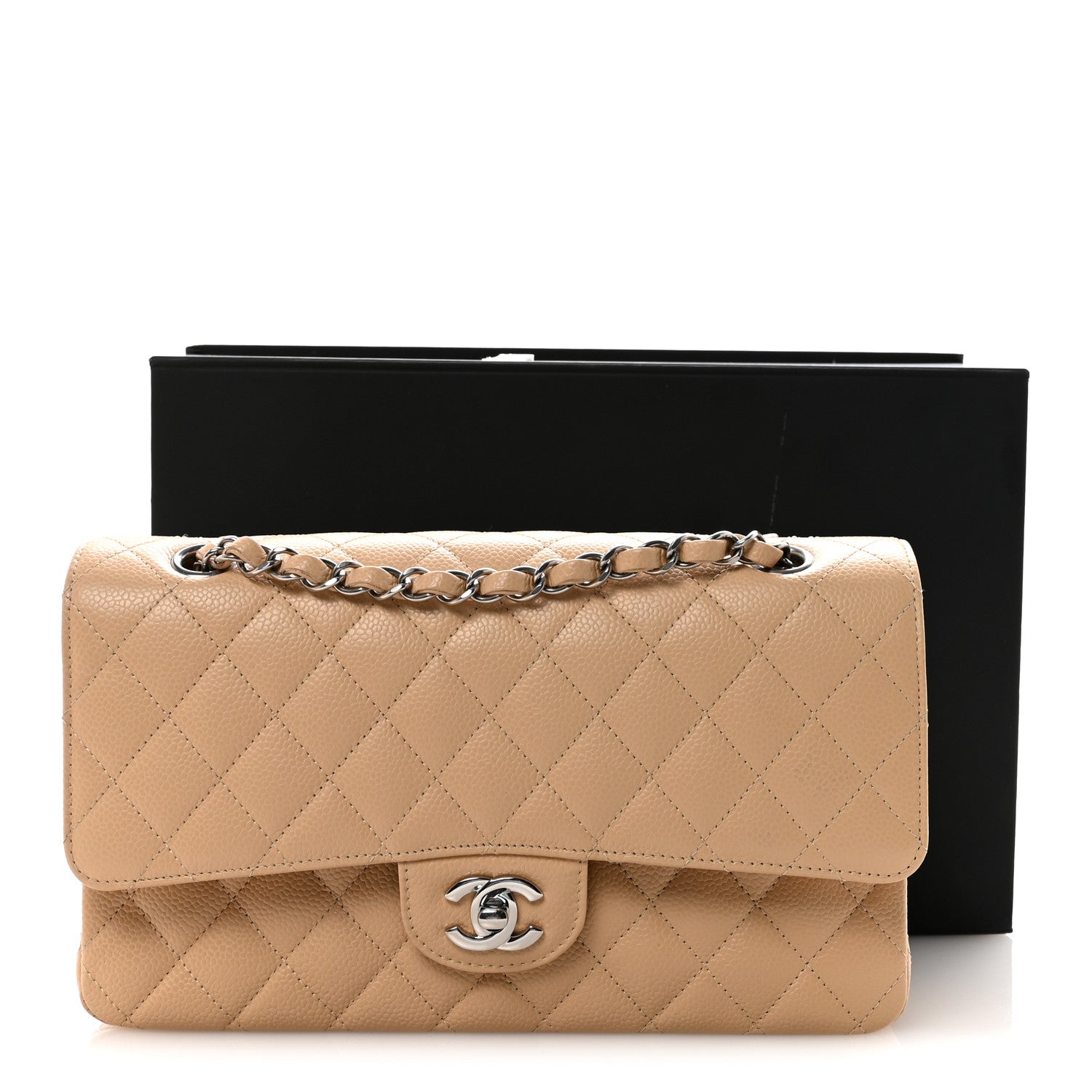 Caviar Quilted Medium Double Flap Beige