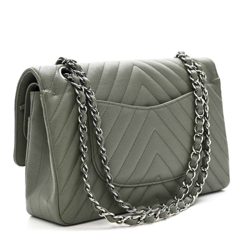 Caviar Chevron Quilted Medium Double Flap  Green