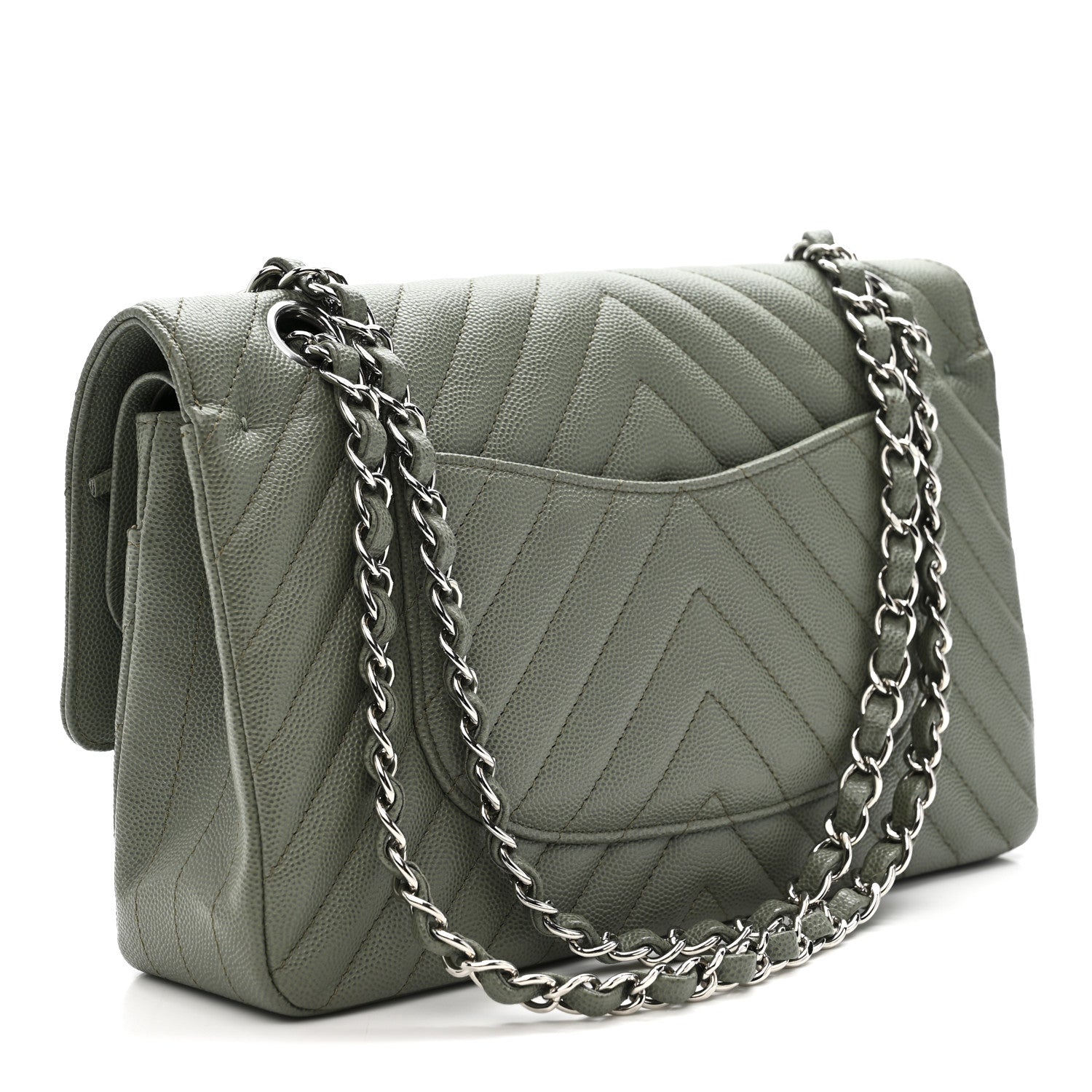 Caviar Chevron Quilted Medium Double Flap  Green