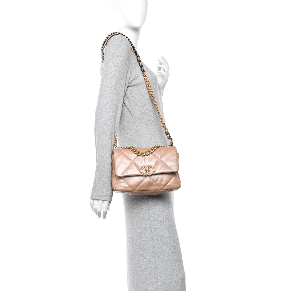 Shiny Lambskin Quilted Medium Chanel 19 Flap Beige