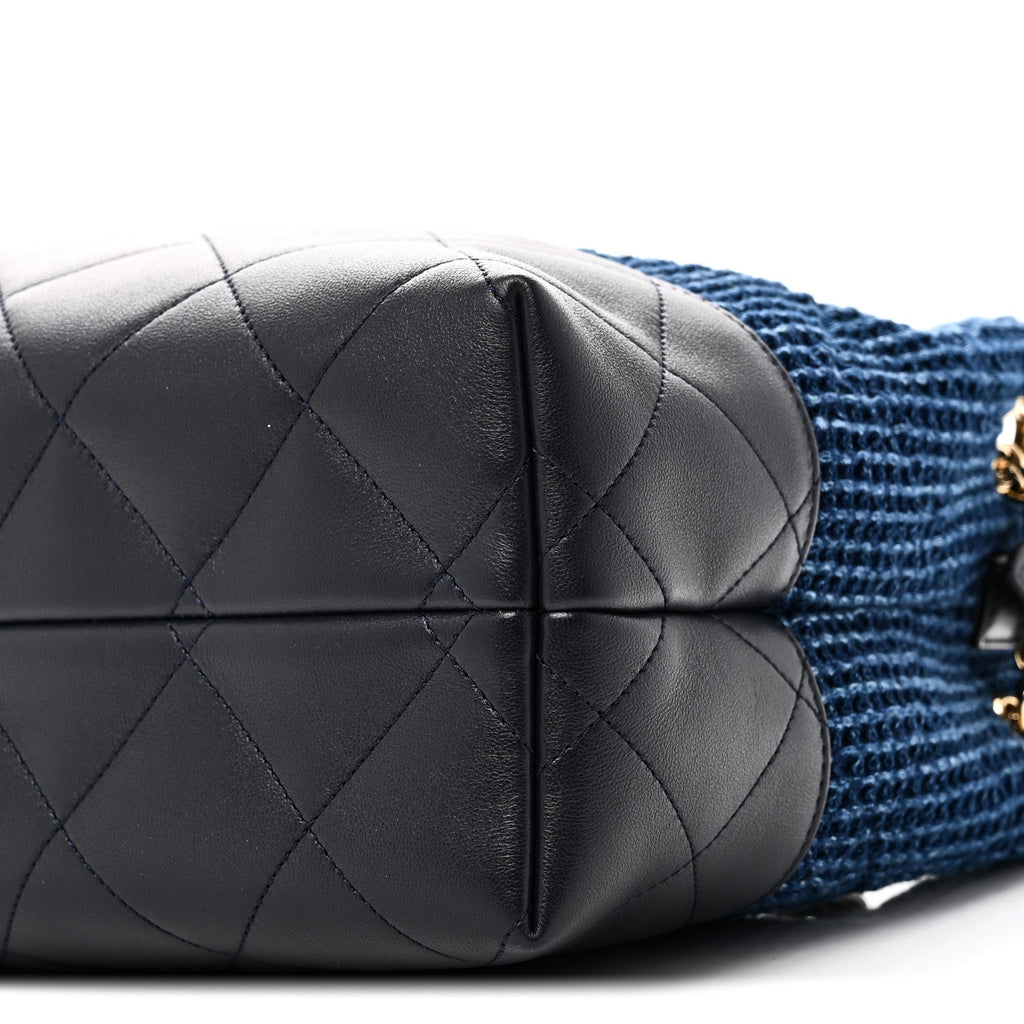 Tweed Shiny Lambskin Quilted Coco Base Small Shopping Bag Dark Blue