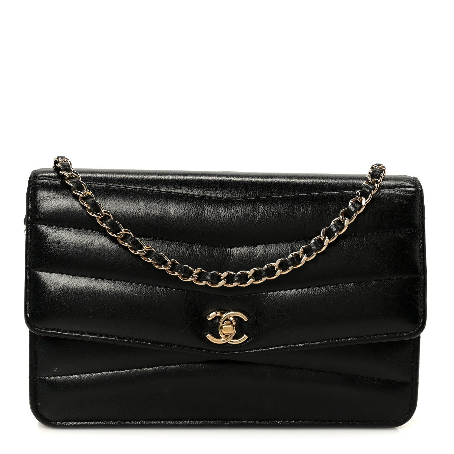 Lambskin Chevron Quilted Wallet On Chain WOC Black