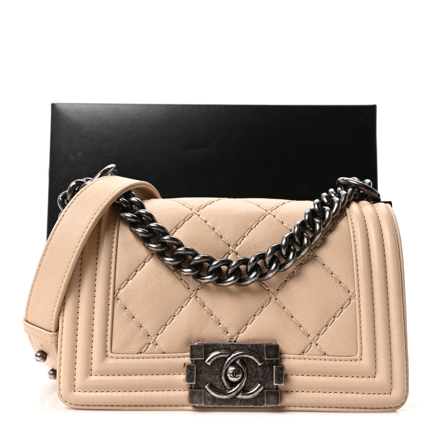 Calfskin Double Stitch Small Boy Flap Beige