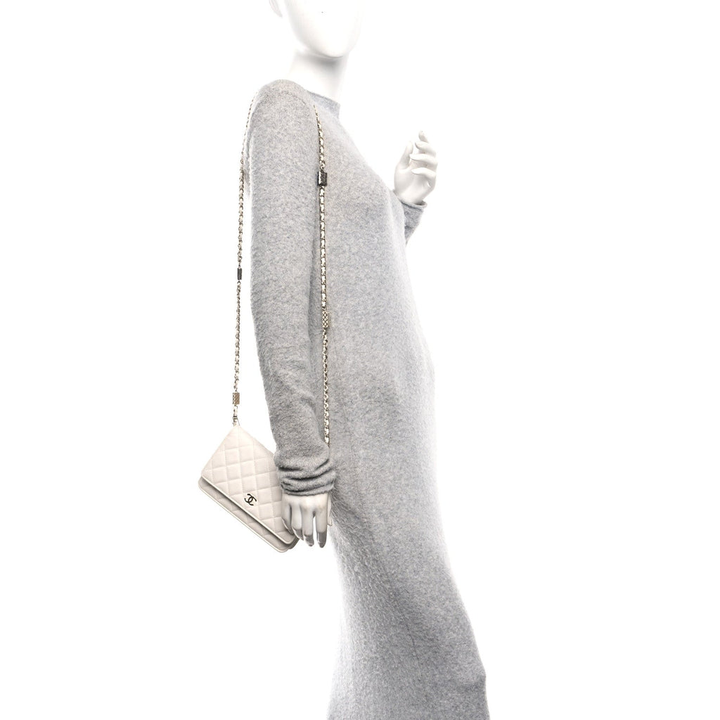 Shiny Caviar Quilted Flap Charm Wallet On Chain WOC White