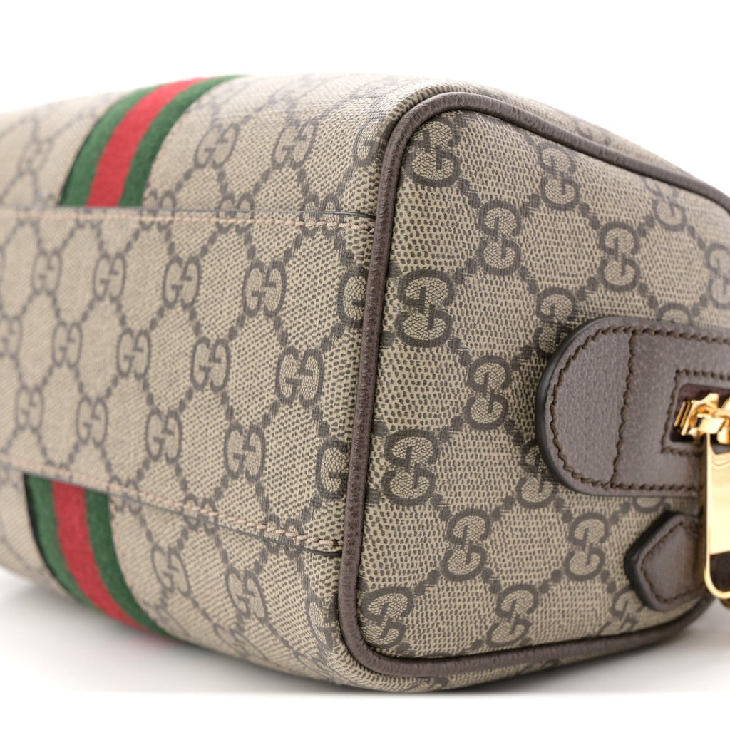 GG Supreme Monogram Textured Dollar Calfskin Web Mini Ophidia Top Handle Bag Beige Ebony New Acero