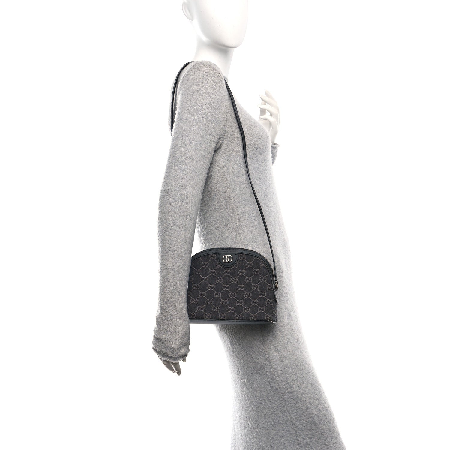 Denim Cuoio Harness GG Monogram Small Ophidia Dome Shoulder Bag Black Medium Grey