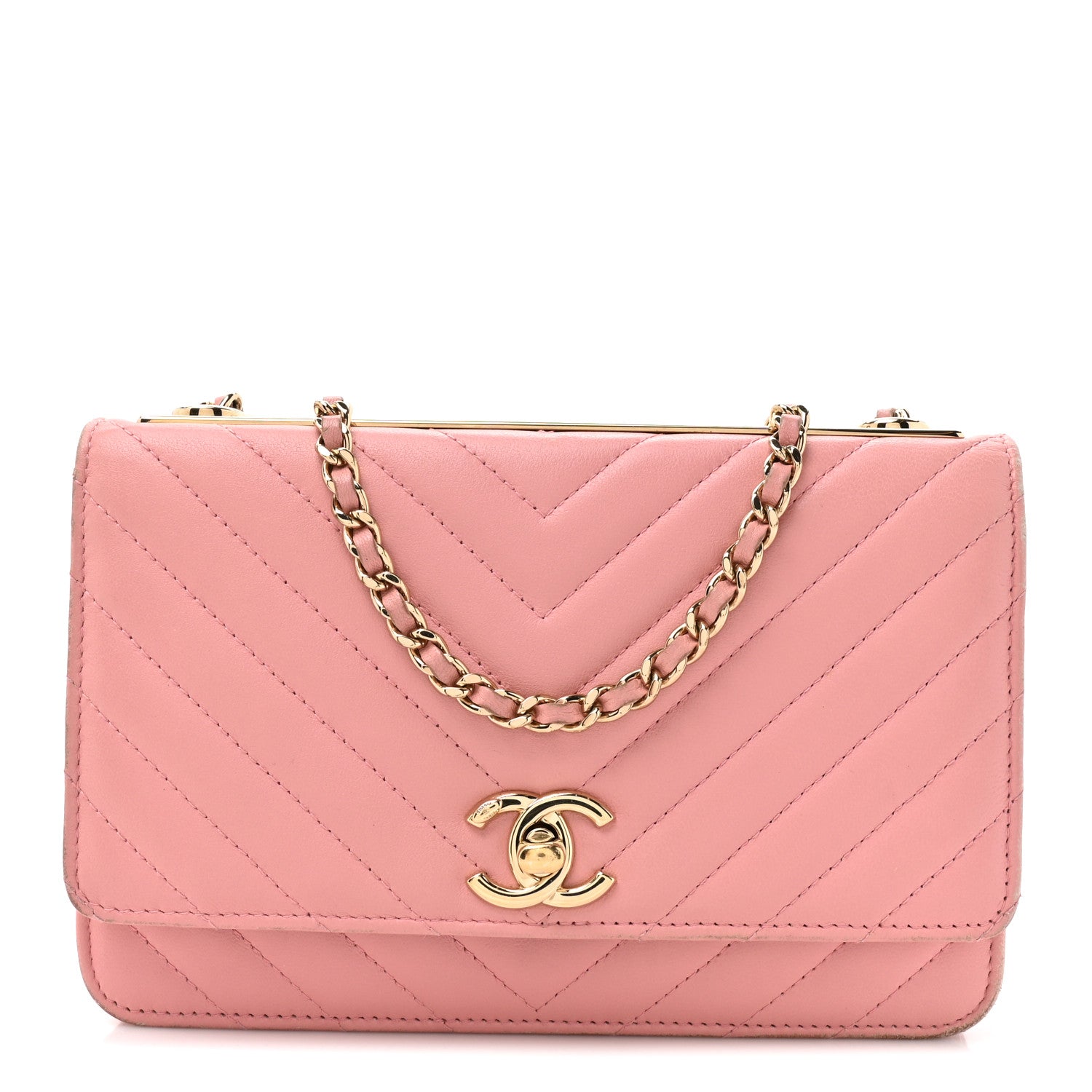 Lambskin Chevron Quilted Trendy CC Wallet On Chain WOC Pink