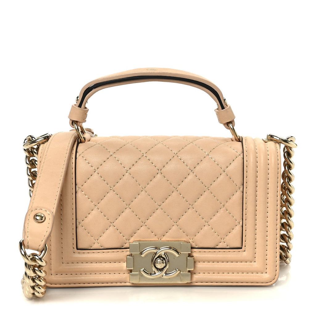 Calfskin Quilted Small Boy Top Handle Flap Beige Clair