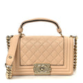 Calfskin Quilted Small Boy Top Handle Flap Beige Clair