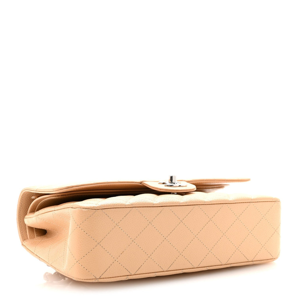 Caviar Quilted Medium Double Flap Beige