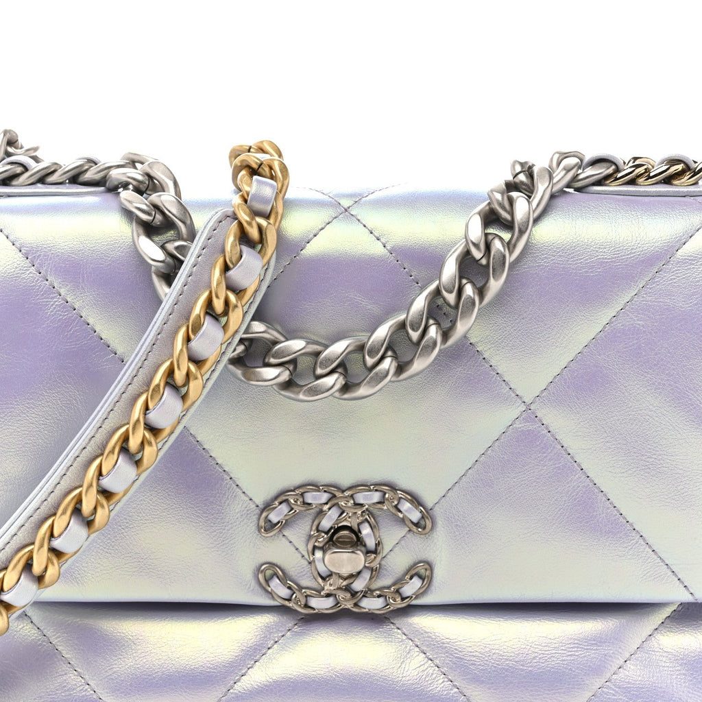Iridescent Calfskin Quilted Medium Chanel 19 Flap Light Purple Blue
