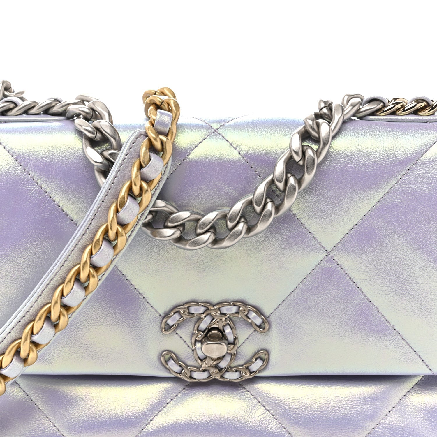 Iridescent Calfskin Quilted Medium Chanel 19 Flap Light Purple Blue