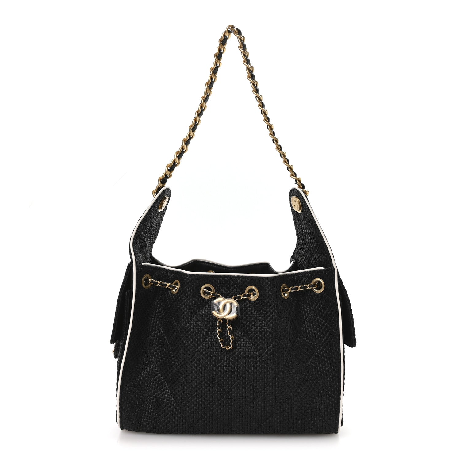 Braided Raffia Calfskin Small Chanel 25 Handbag Black White