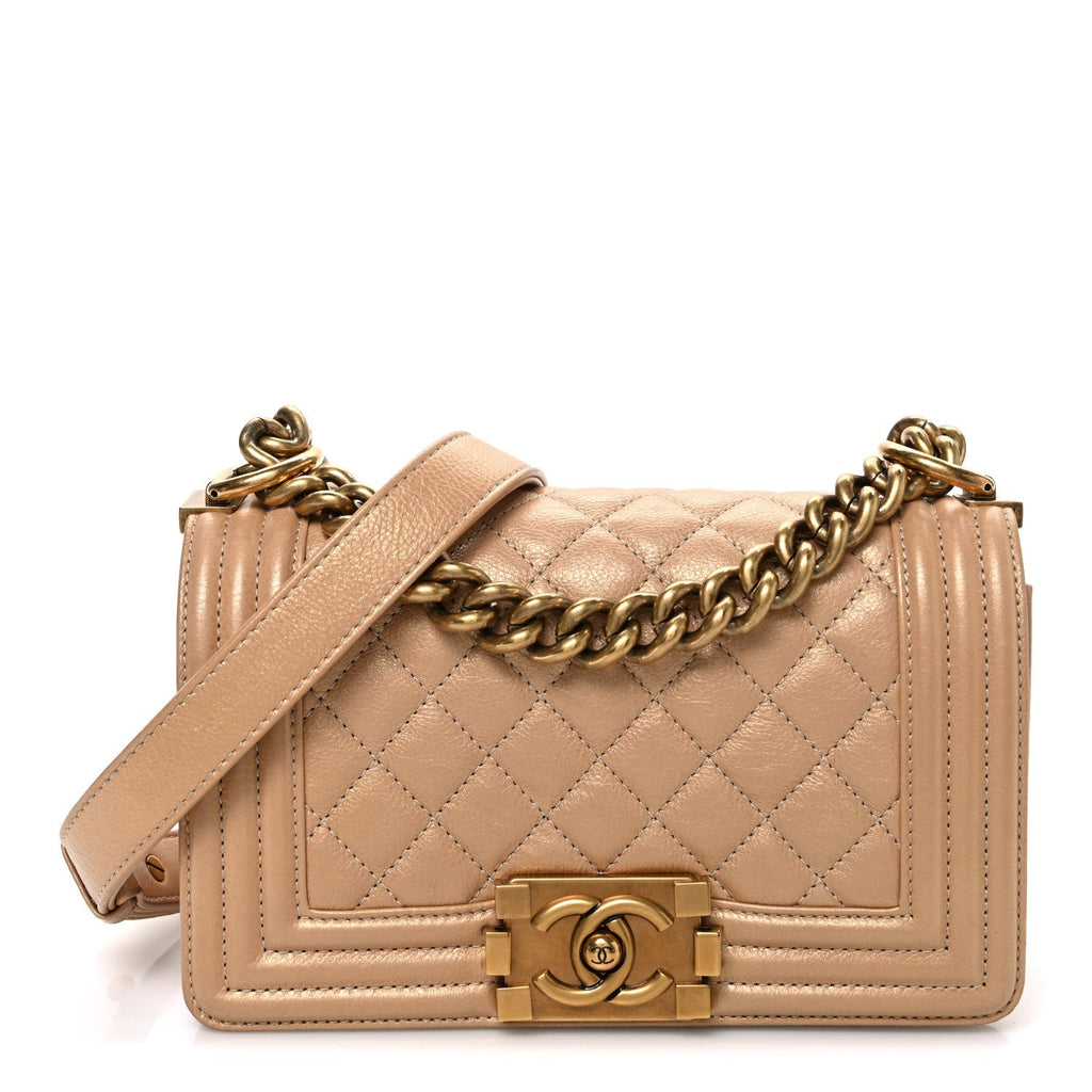 Pearl Calfskin Quilted Small Boy Flap Gold