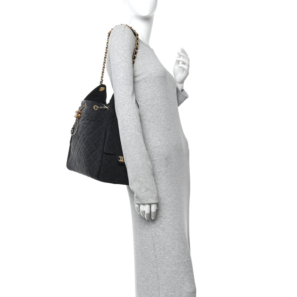 Washed Denim Quilted Medium Chanel 25 Handbag Black