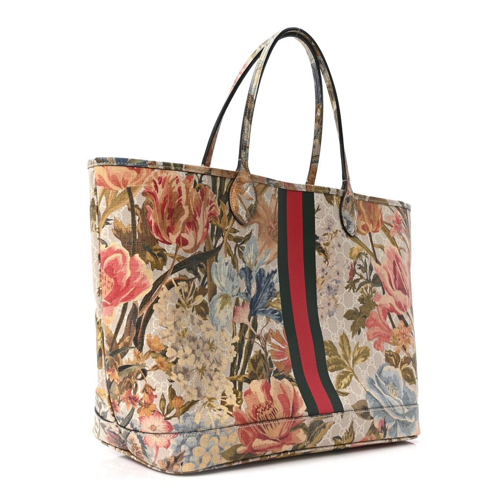 GG Supreme Monogram Water Flora Web Large Ophidia Tote Beige White Multicolor