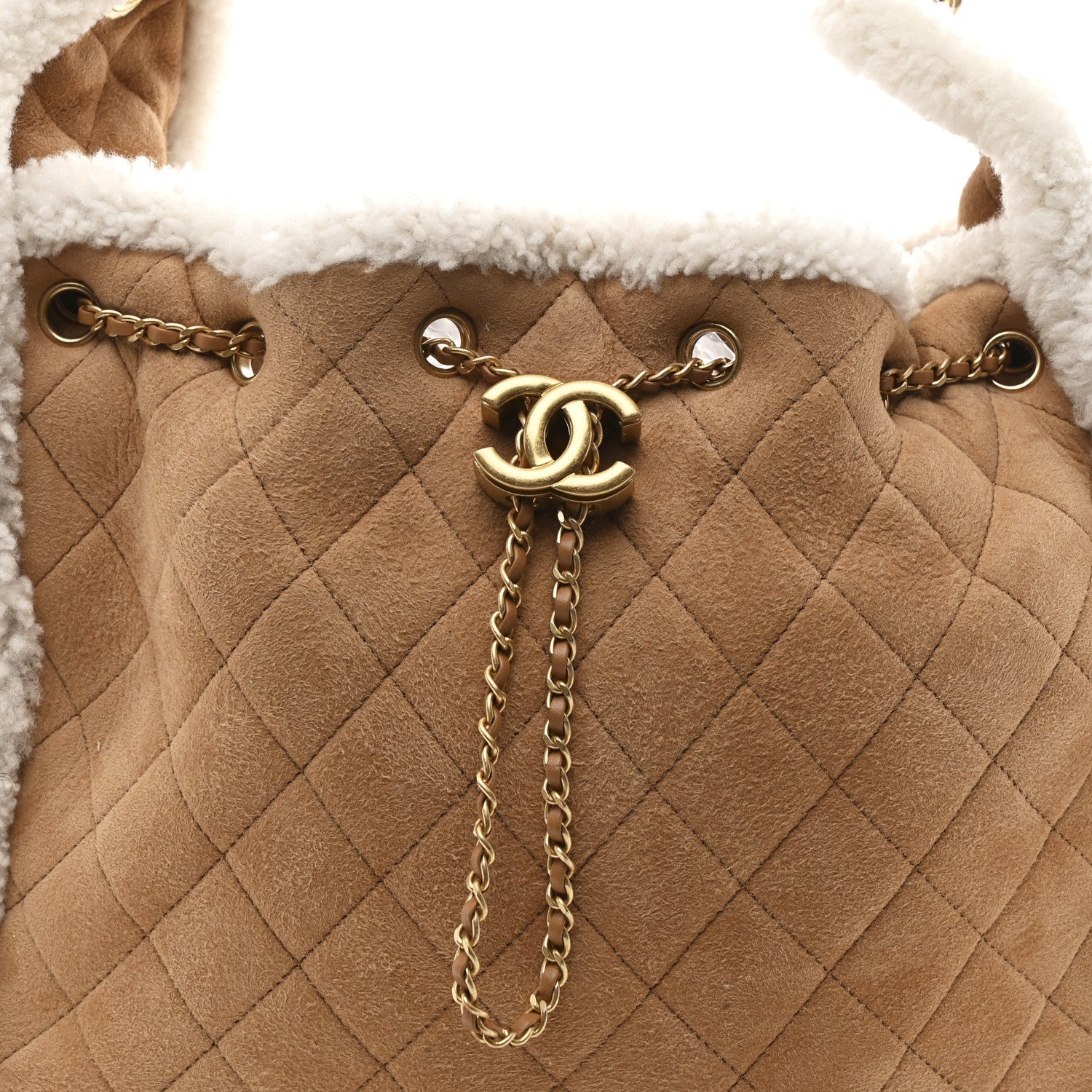 Suede Shearling Quilted Medium Chanel 25 Handbag Beige Natural