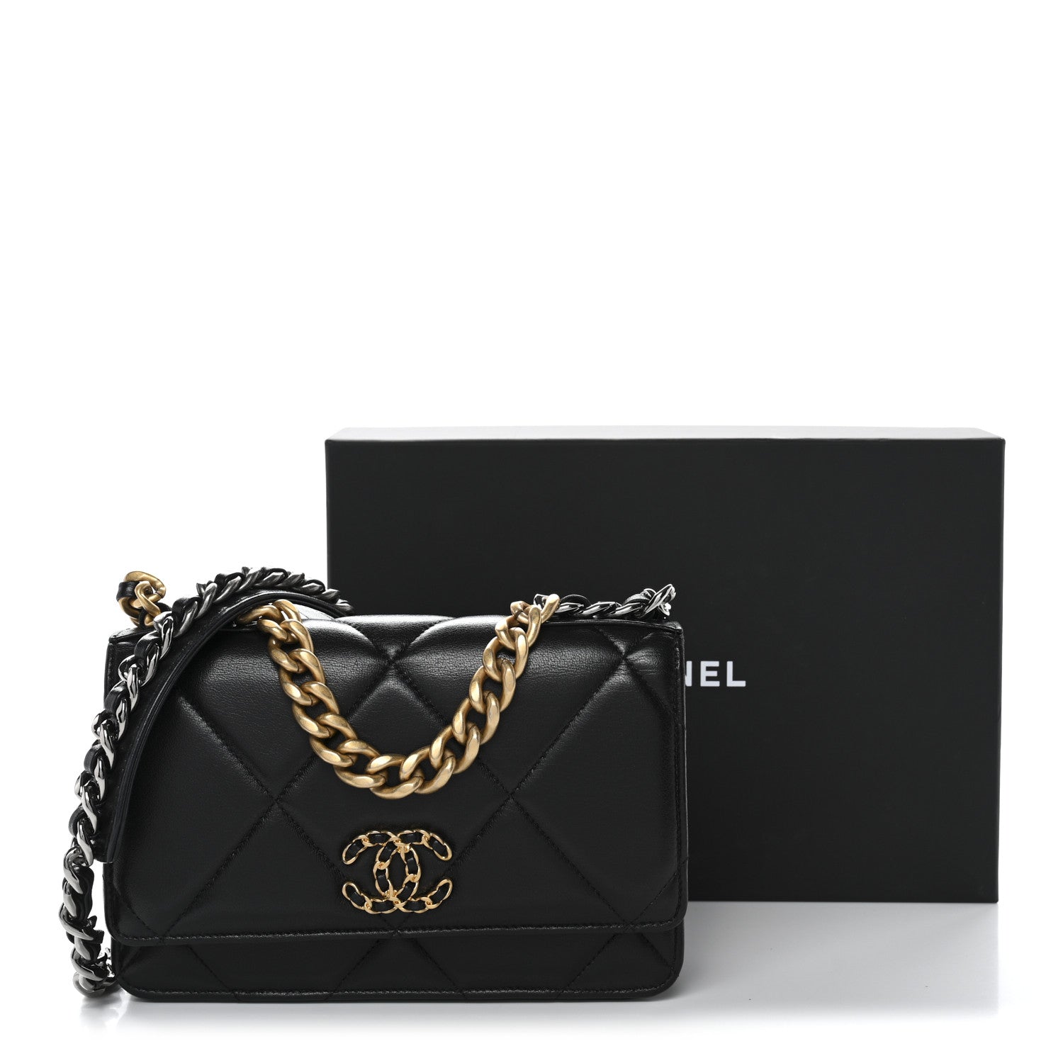 Lambskin Quilted Chanel 19 Wallet On Chain WOC Black