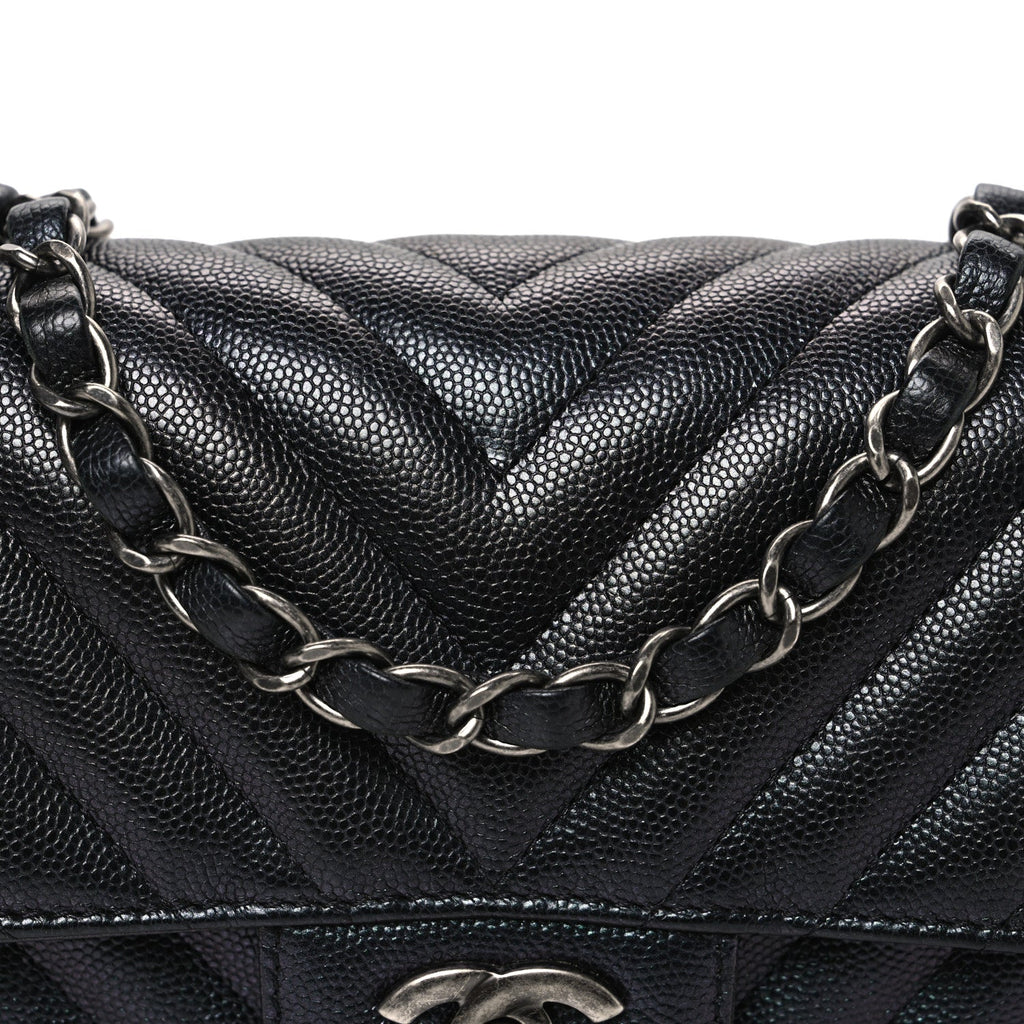 Metallic Caviar Chevron Quilted Mini Rectangular Flap Black