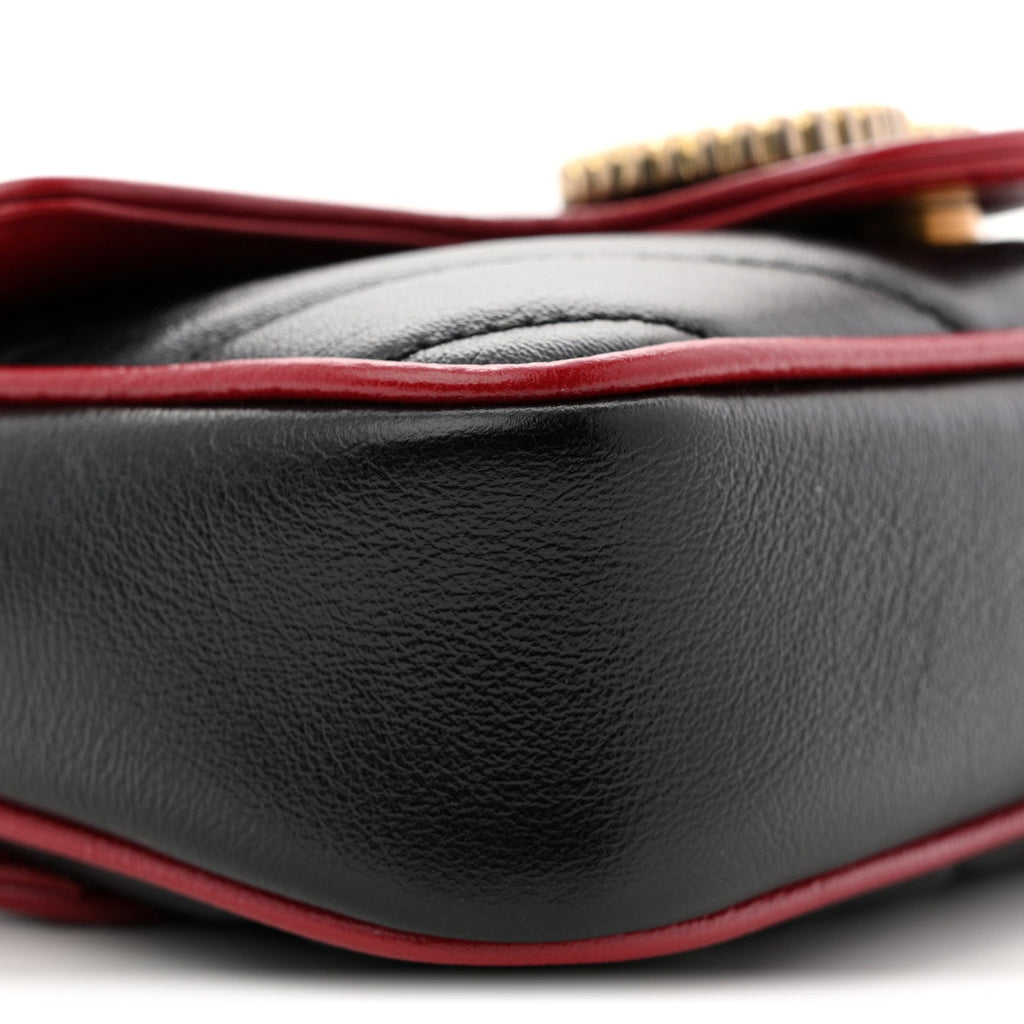 Vintage Effect Calfskin Matelasse Diagonal Super Mini Torchon GG Marmont Shoulder Bag Black Romantic Cherry