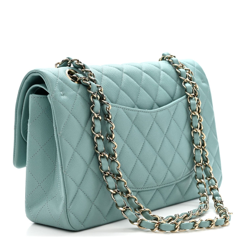 Caviar Quilted Medium Double Flap Light Blue