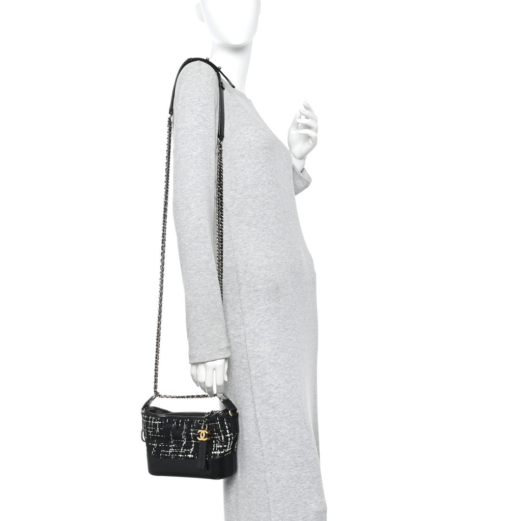 Tweed Calfskin Small Gabrielle Hobo Black White