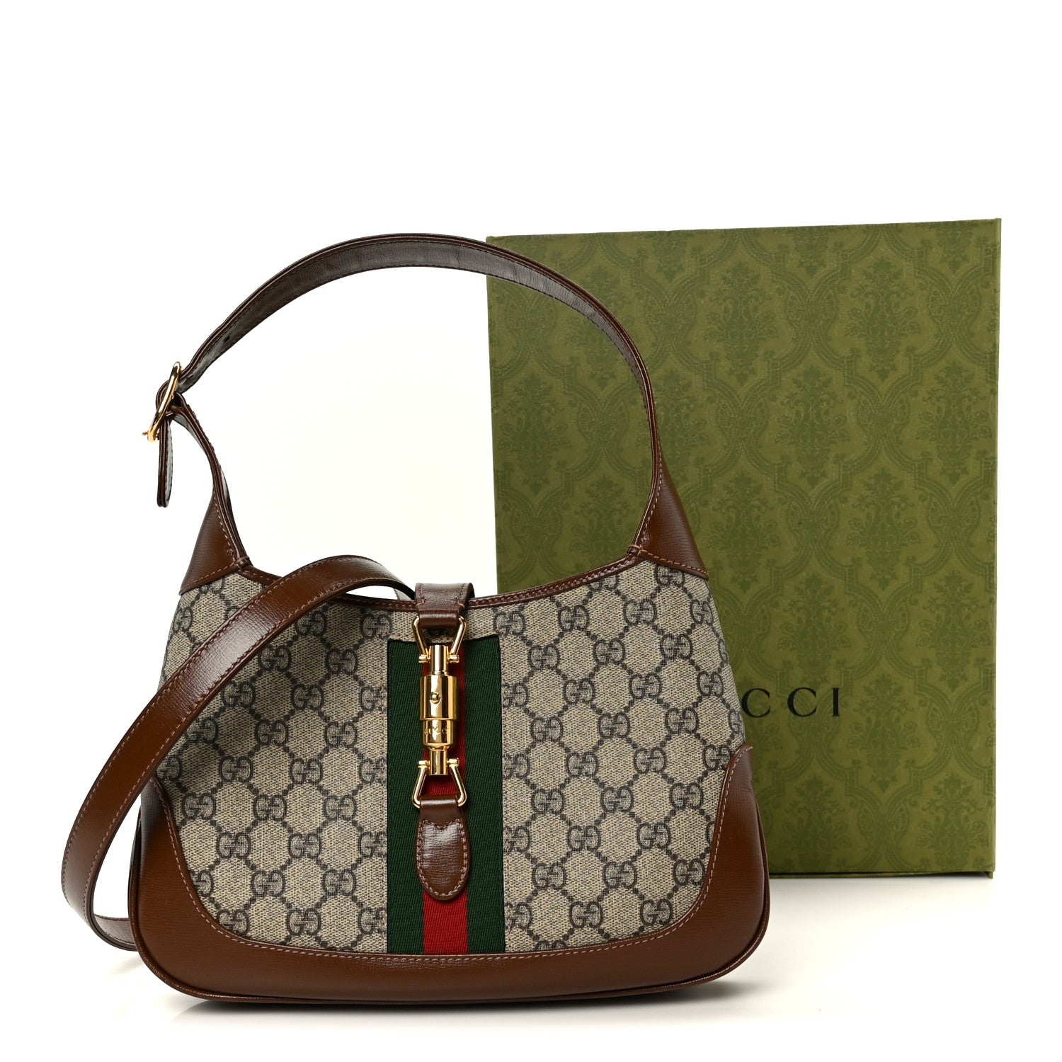 GG Supreme Monogram Azalea Calfskin Web Small Jackie 1961 Hobo Beige Ebony Brown Sugar