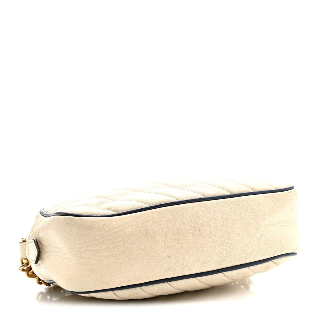Vintage Effect Calfskin Matelasse Diagonal Small Torchon GG Marmont Chain Shoulder Bag Mystic White Blue Agata