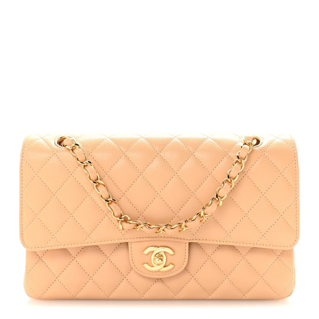 Caviar Quilted Medium Double Flap Beige
