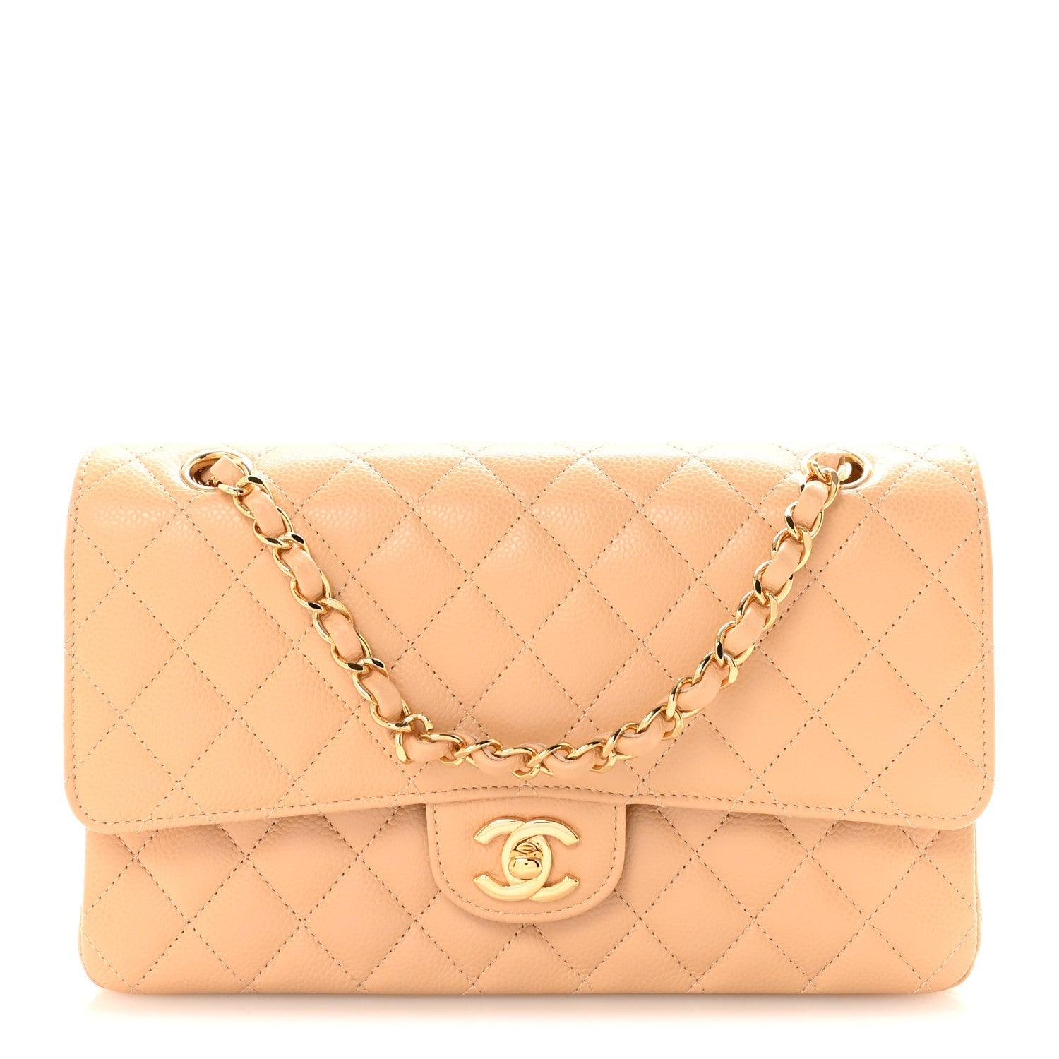 Caviar Quilted Medium Double Flap Beige