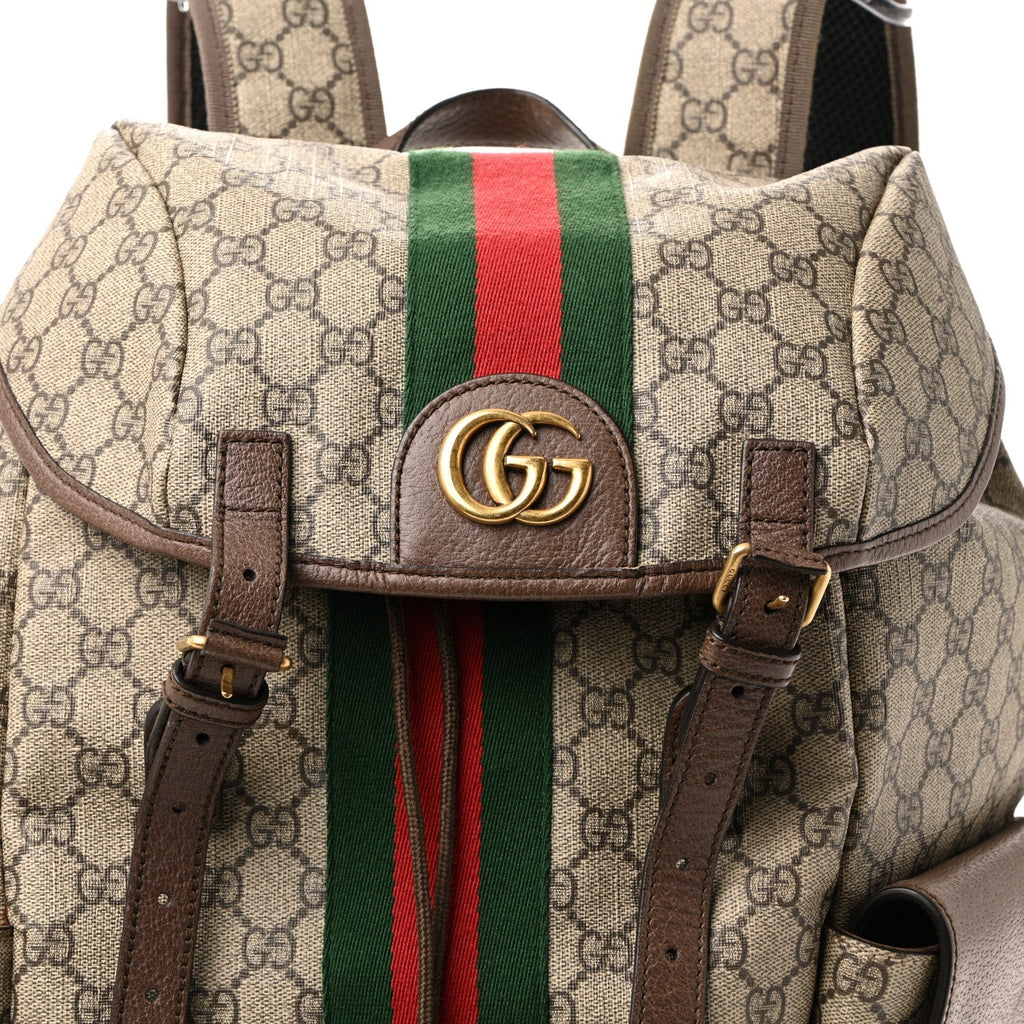 GG Supreme Monogram Medium Ophidia Double Buckle Backpack Brown