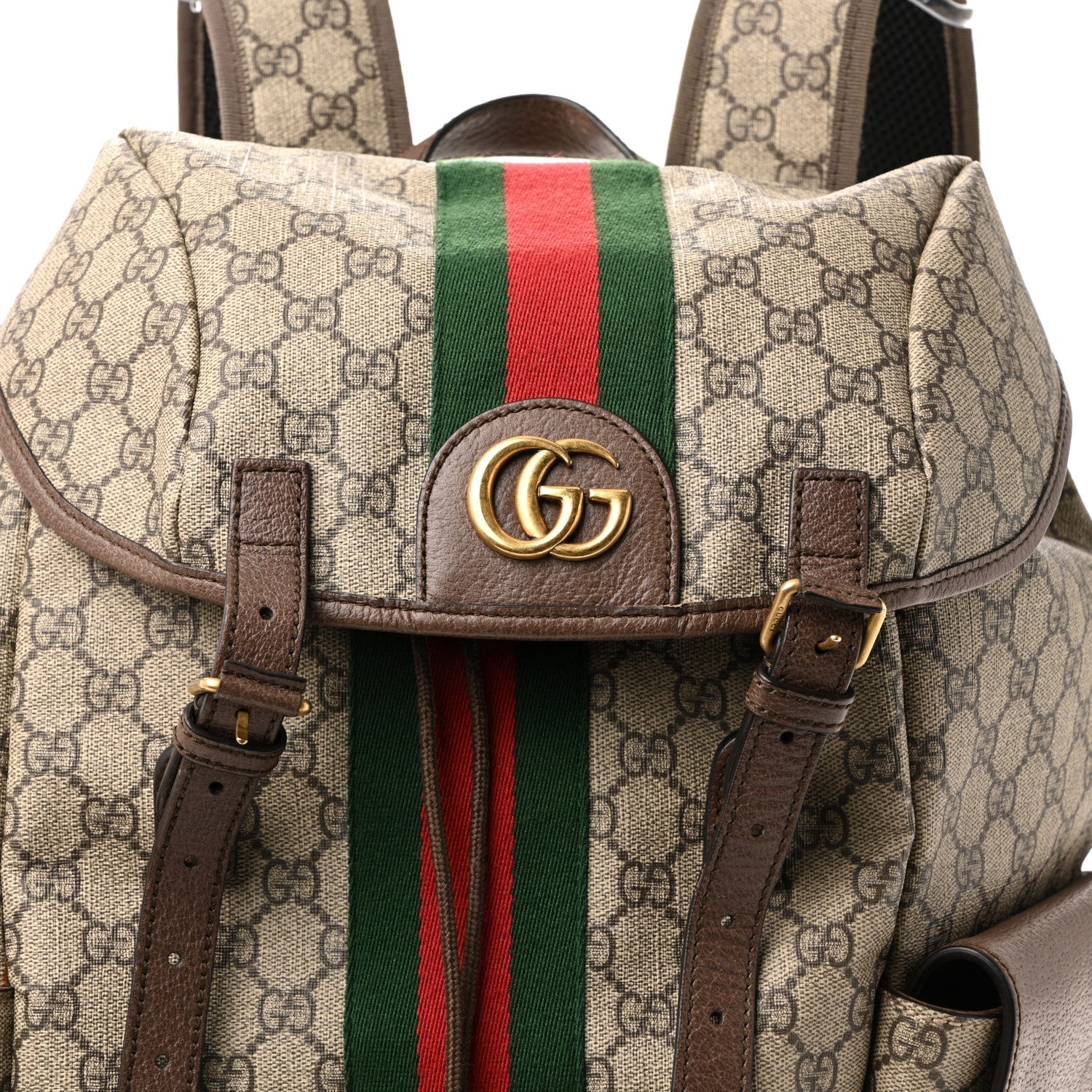 GG Supreme Monogram Medium Ophidia Double Buckle Backpack Brown