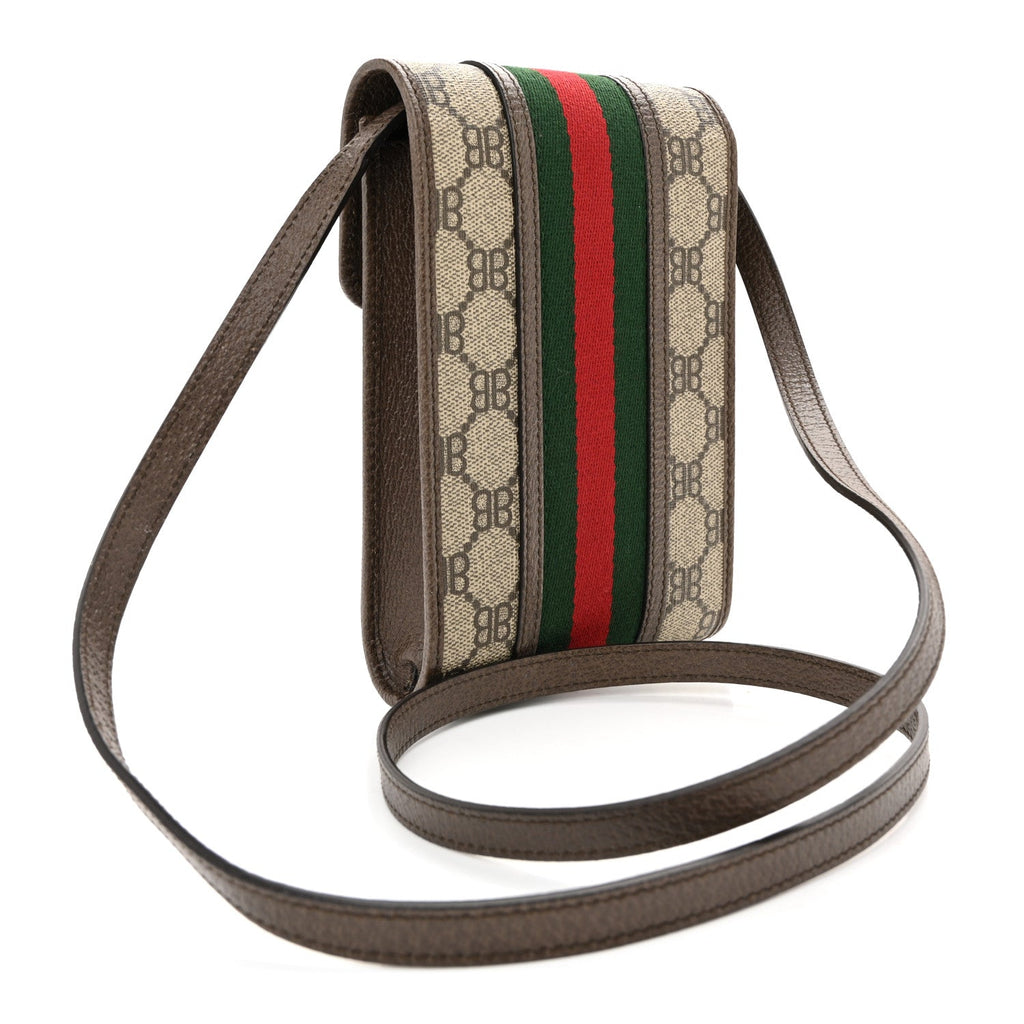 X BALENCIAGA BB Supreme Monogram Web Ophidia Phone Crossbody Bag Beige New Acero
