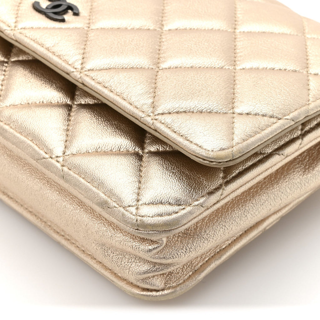 Metallic Lambskin Quilted Wallet On Chain WOC Gold Black