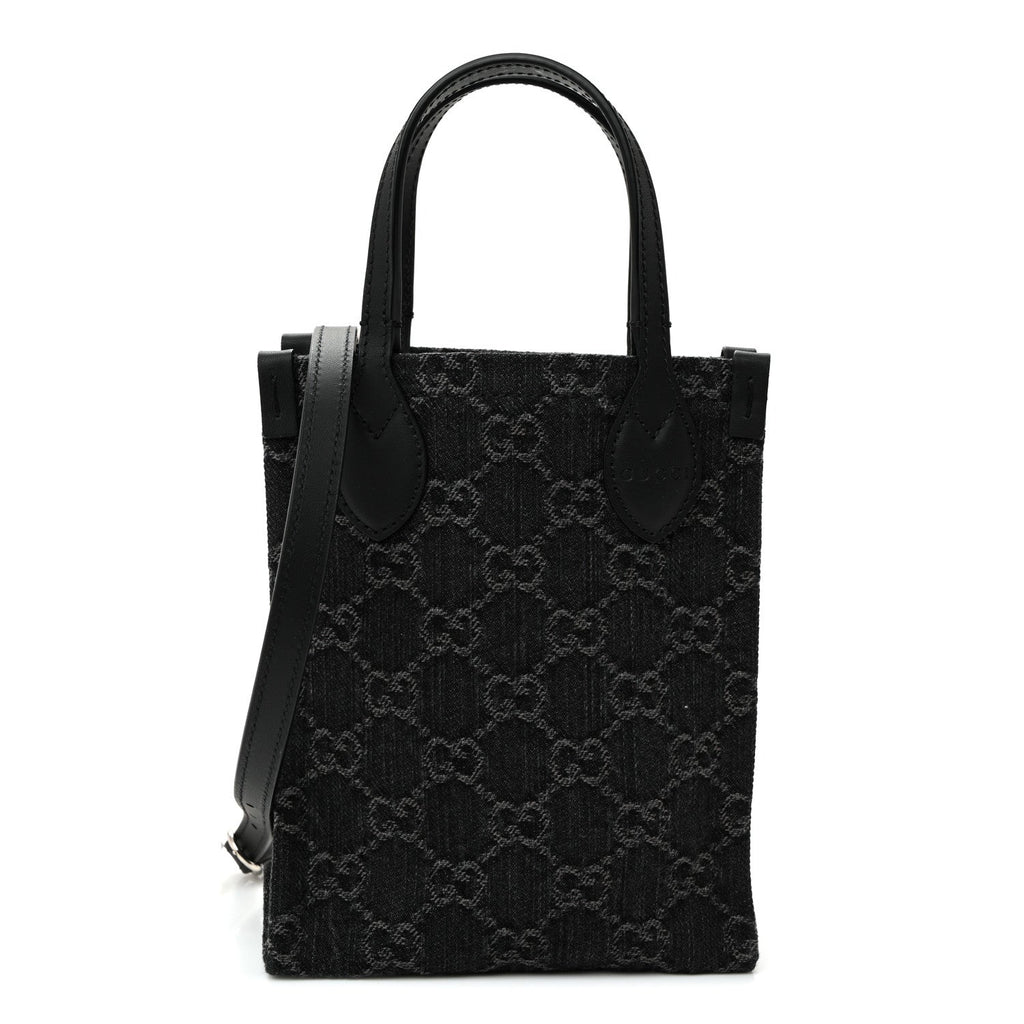 Denim Cuoio Harness GG Monogram Mini Ophidia Tote Bag Black Medium Grey