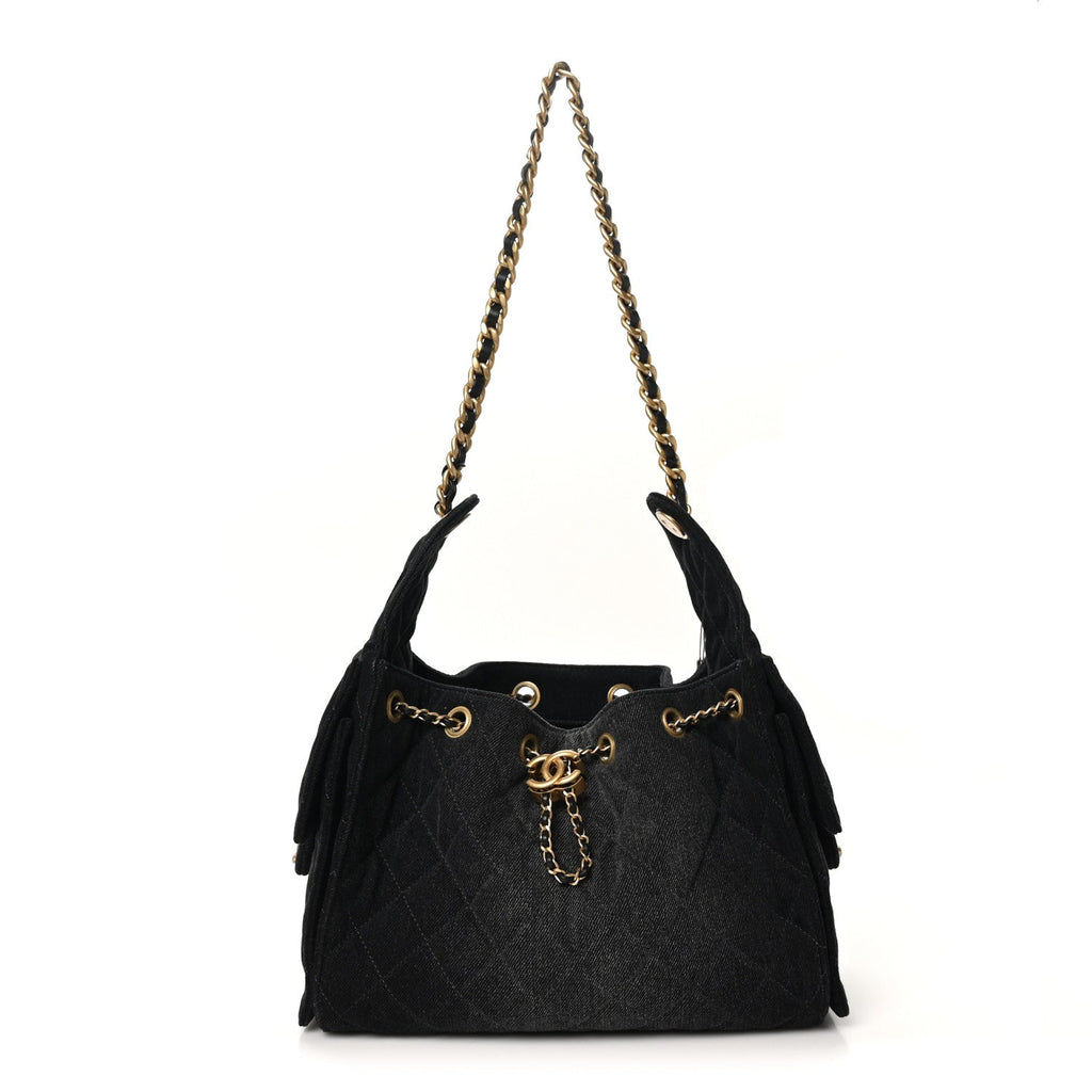 Washed Denim Quilted Small Chanel 25 Handbag Black